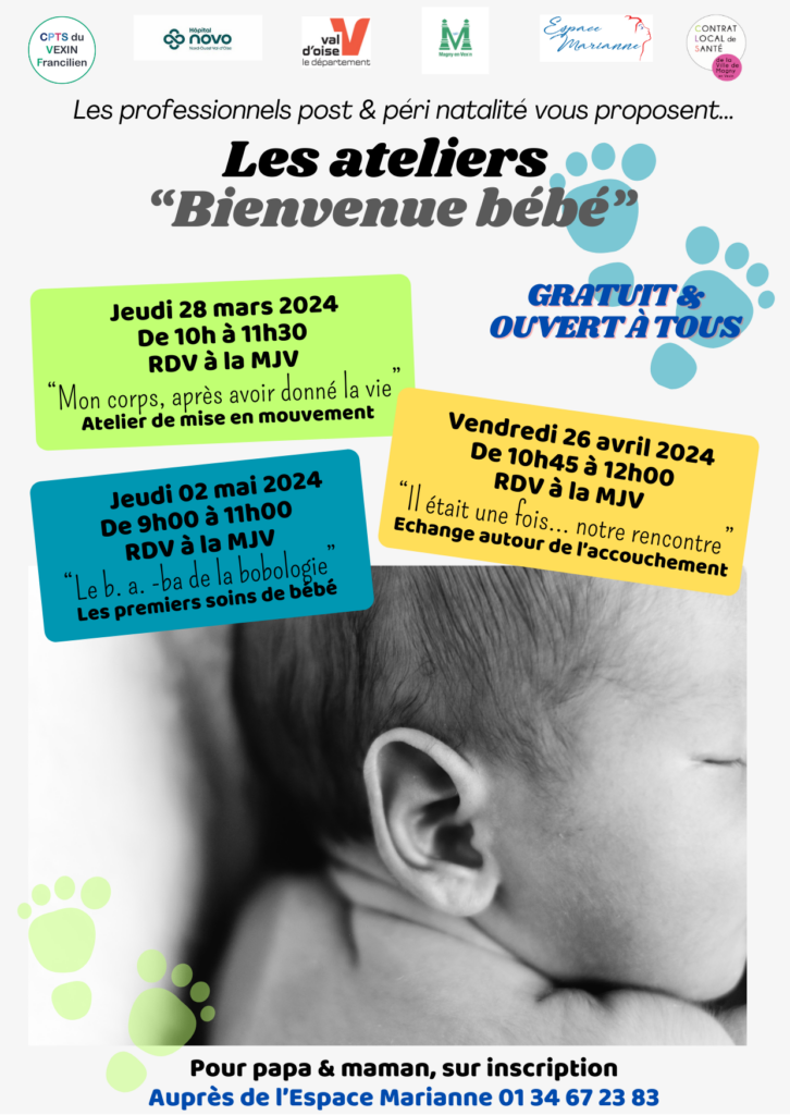 Les professionnels post & péri natalité vous proposent des ateliers "Bienvenue bébé" gratuit et ouvert à tous sur inscription à l'Espace Marianne 01 34 67 23 83